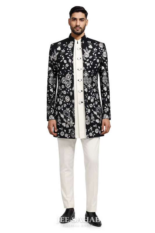 Navy Blue Floral Velvet Jodhpuri Set for Men