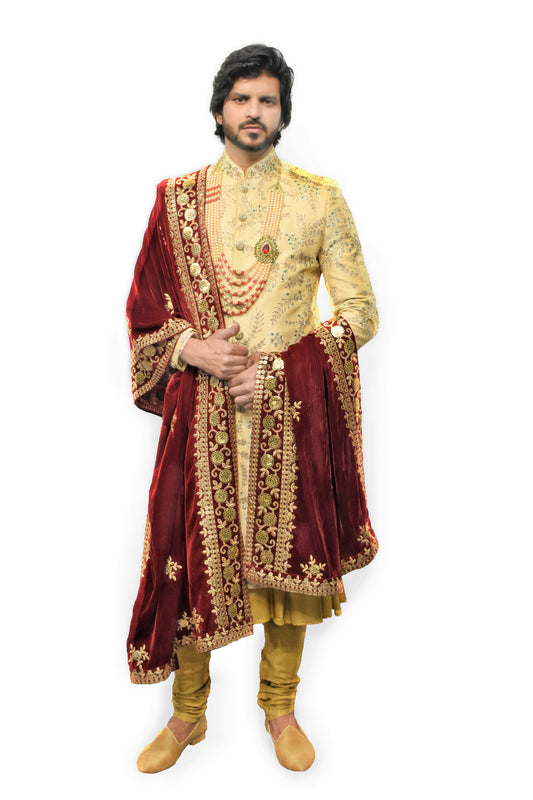 Cream Colour Embroidered Sherwani