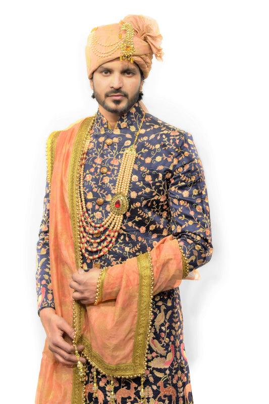 Navy Blue Embroidered Sherwani