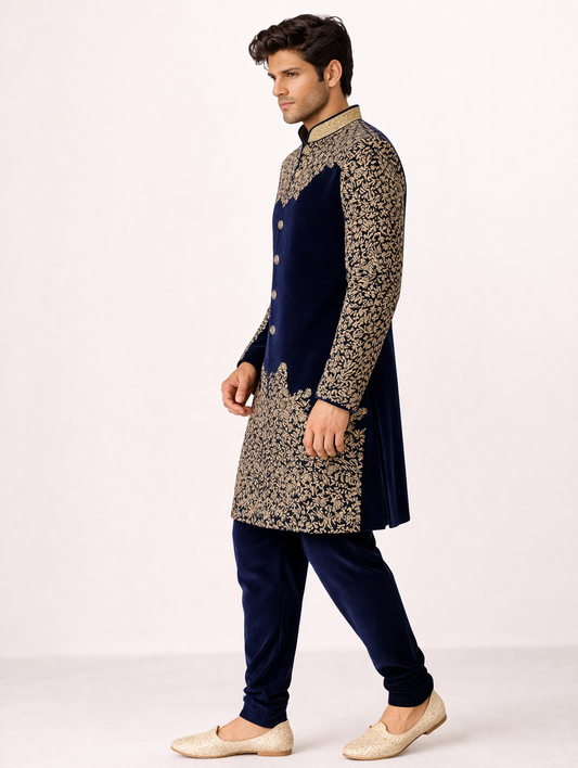 Navy Blue Velvet Embroidered Indo-Western Set with Jutti – Premium Wedding Wear
