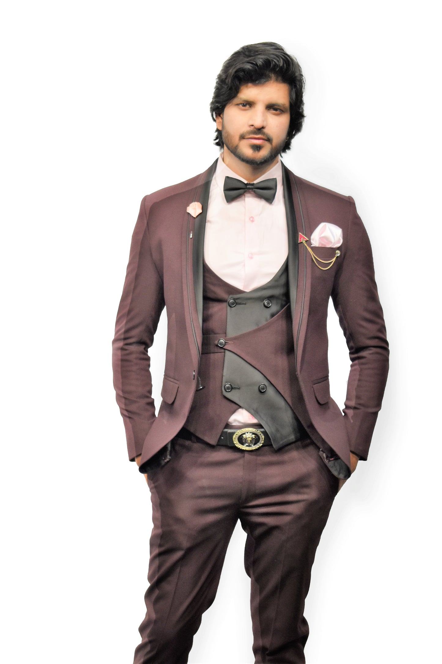 Wine Colour Semi Tuxedo Suit