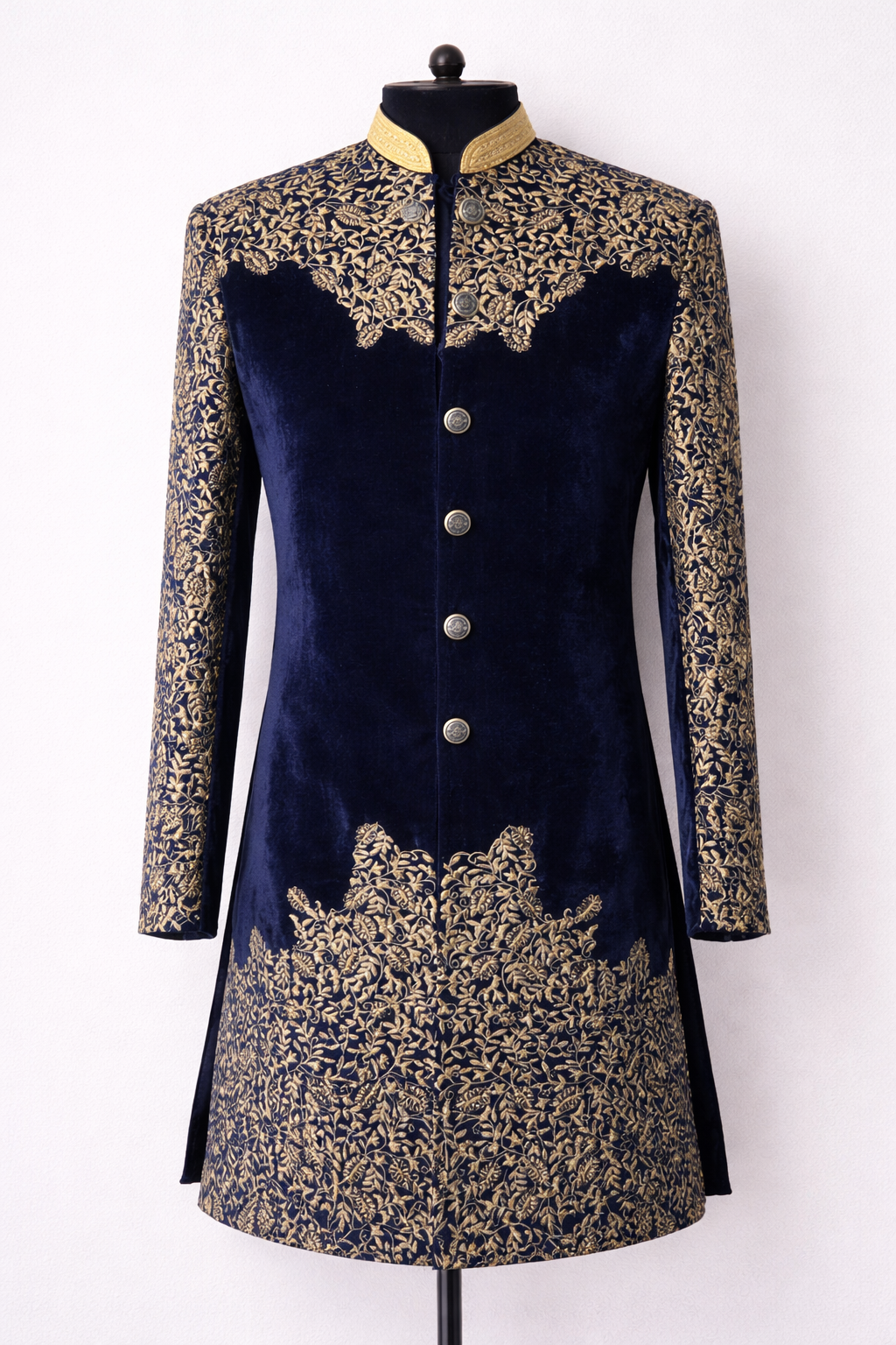 Navy Blue Velvet Embroidered Indo-Western Set with Jutti – Premium Wedding Wear