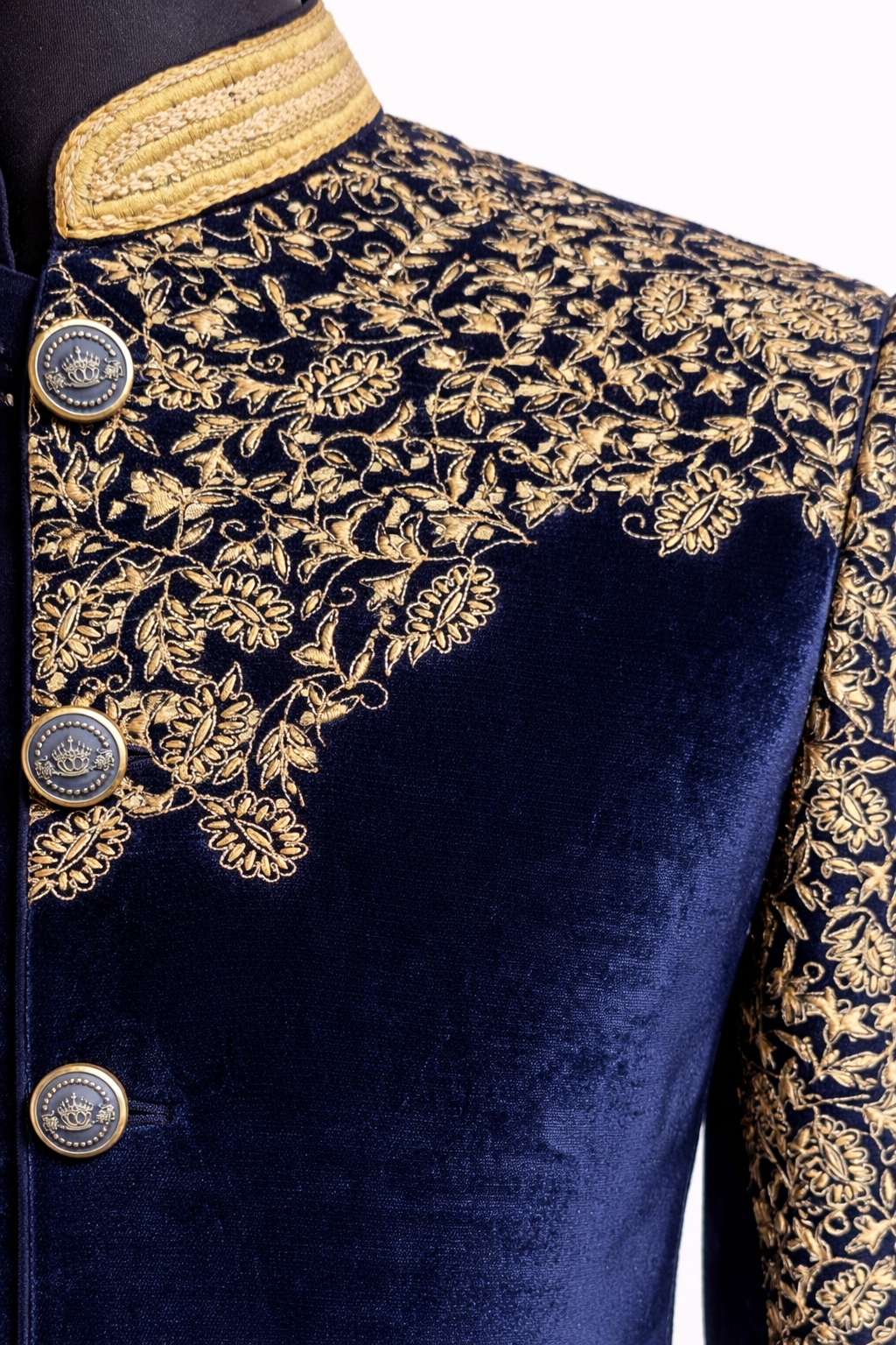 Navy Blue Velvet Embroidered Indo-Western Set with Jutti – Premium Wedding Wear