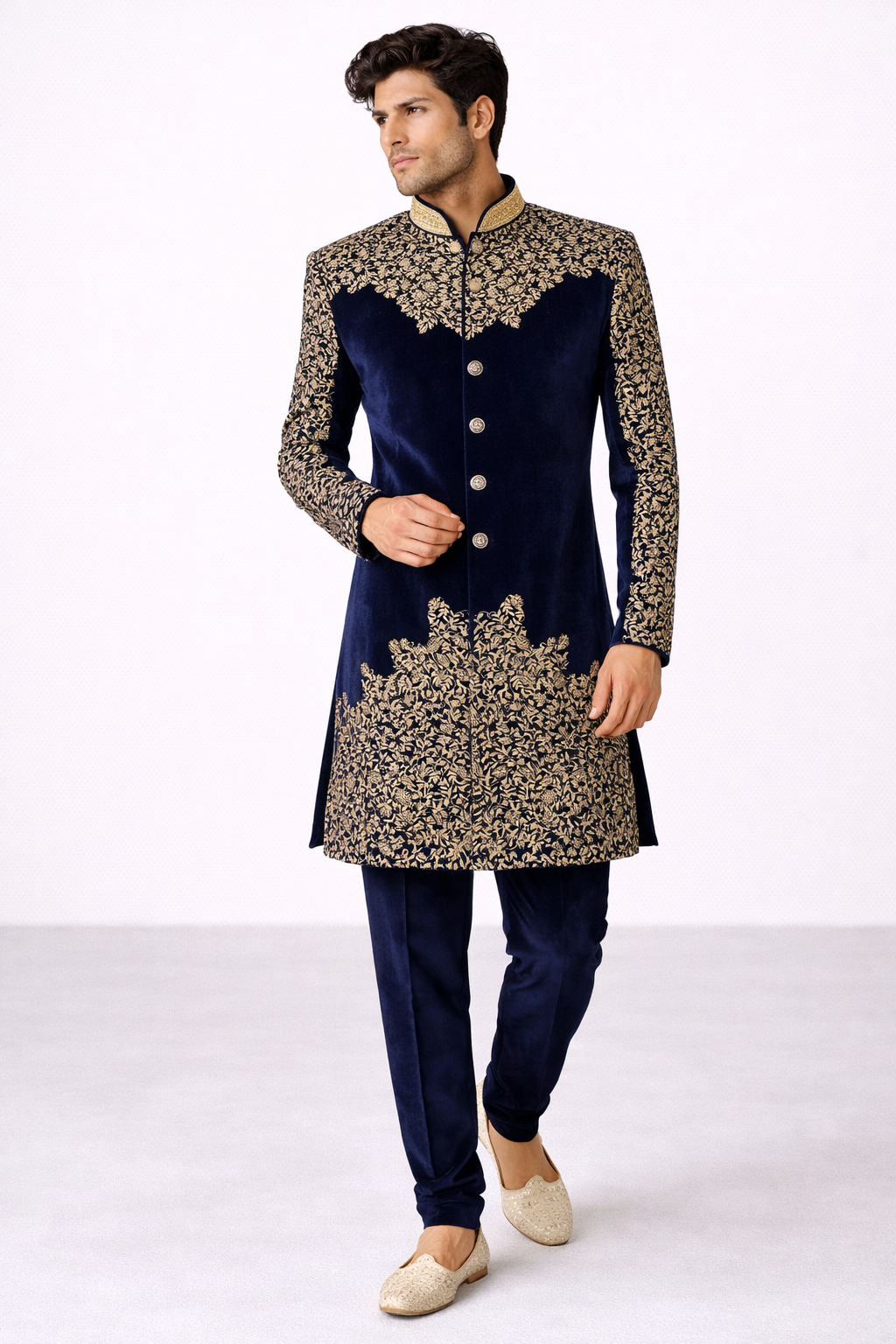 Navy Blue Velvet Embroidered Indo-Western Set with Jutti – Premium Wedding Wear
